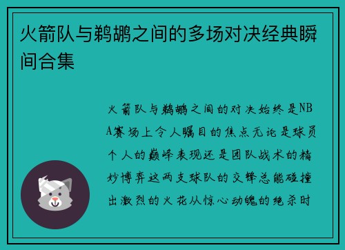 火箭队与鹈鹕之间的多场对决经典瞬间合集