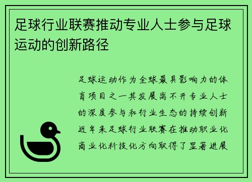 足球行业联赛推动专业人士参与足球运动的创新路径